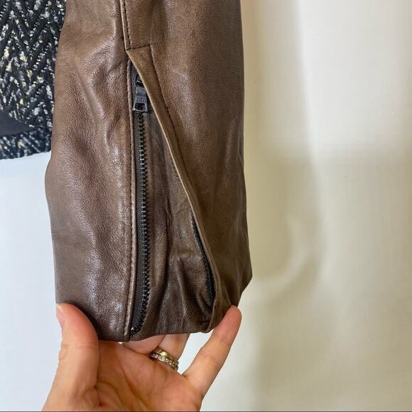 Gap Brown Leather Boucle Tweed Moto Jacket M - Picture 11 of 12